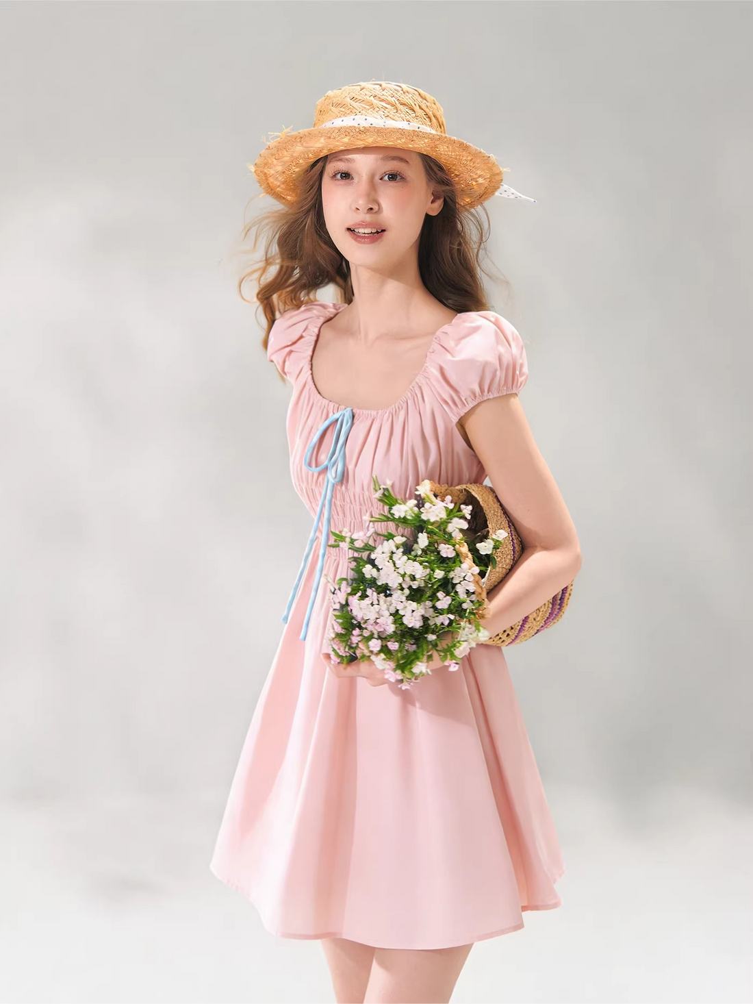 French Floral Tie-Waist Square Neck Puff Sleeve Dress