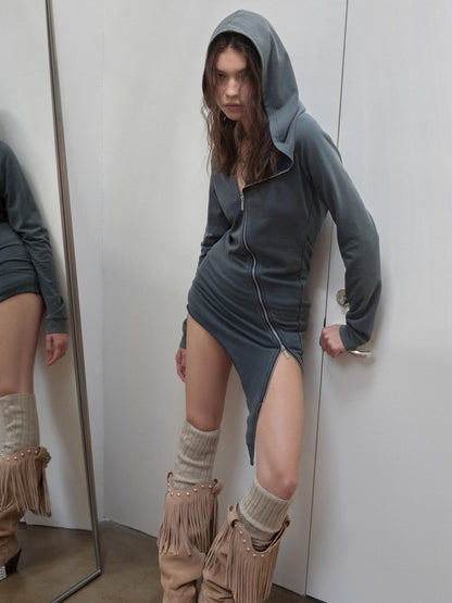 Washed Rhinestone Studded Deconstructed Hoodie Dress