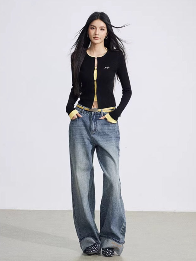 Vintage Wash Embroidered Wide-Leg Jeans