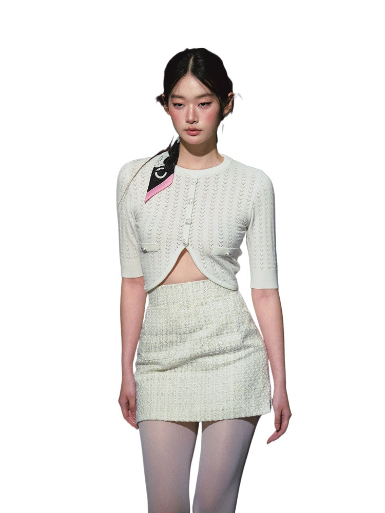 Woolen Knit Cardigan &amp; High-waisted Tweed Skirt Set - CHINASQUAD