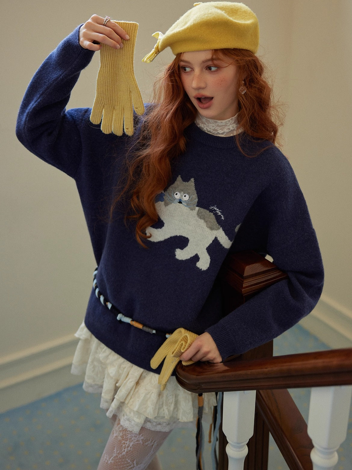 Cat Jacquard Embroidered Knit Sweater