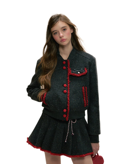 Dark Gray Vintage Wool Baseball Jacket &amp; Skirt Set