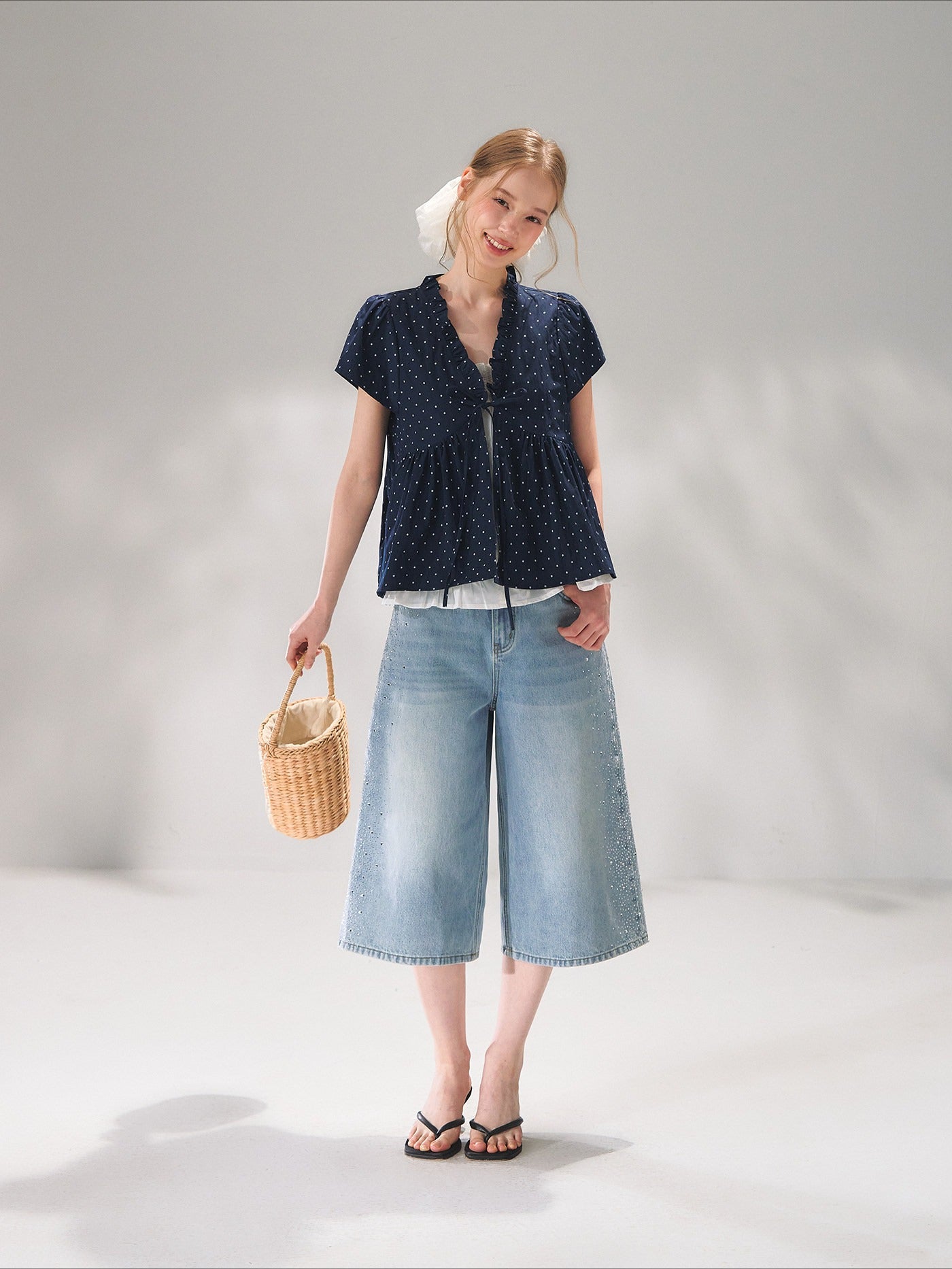 Ruffled Trim Polka Dot Layered Blouse