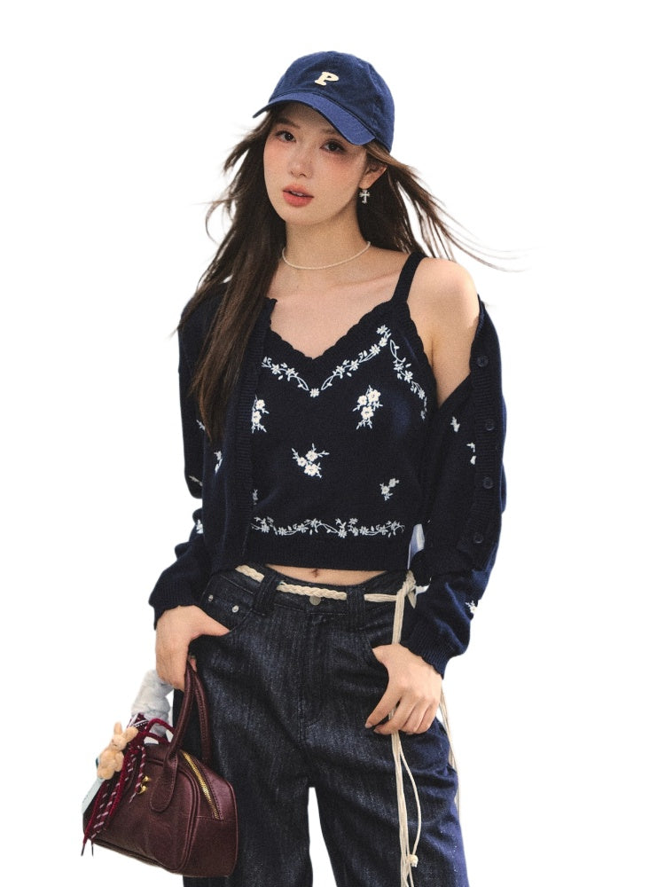 Navy Blue Floral Embroidery Knitted Cardigan