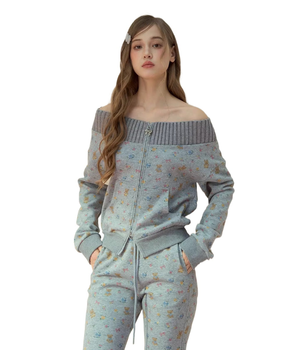 Floral Bunny Off-Shoulder Zip-up Sweatshirt