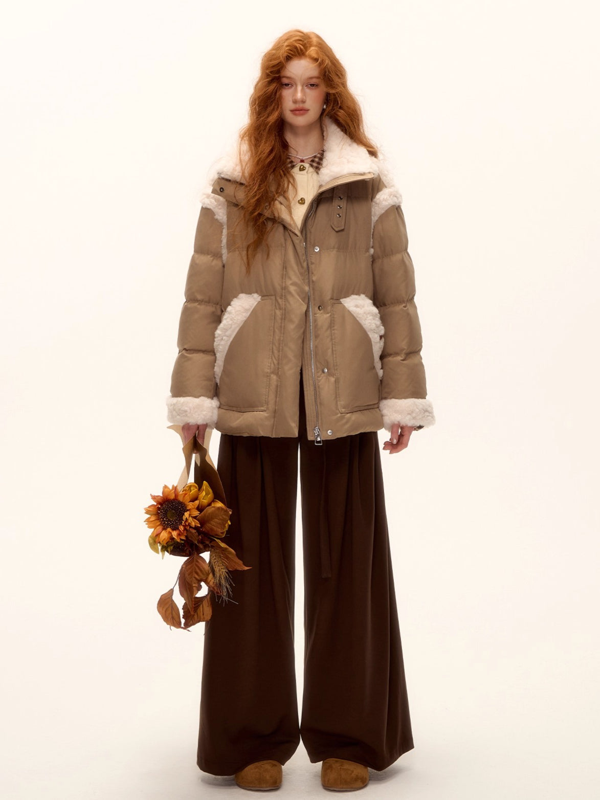 Faux Shearling Panel Down Jacket