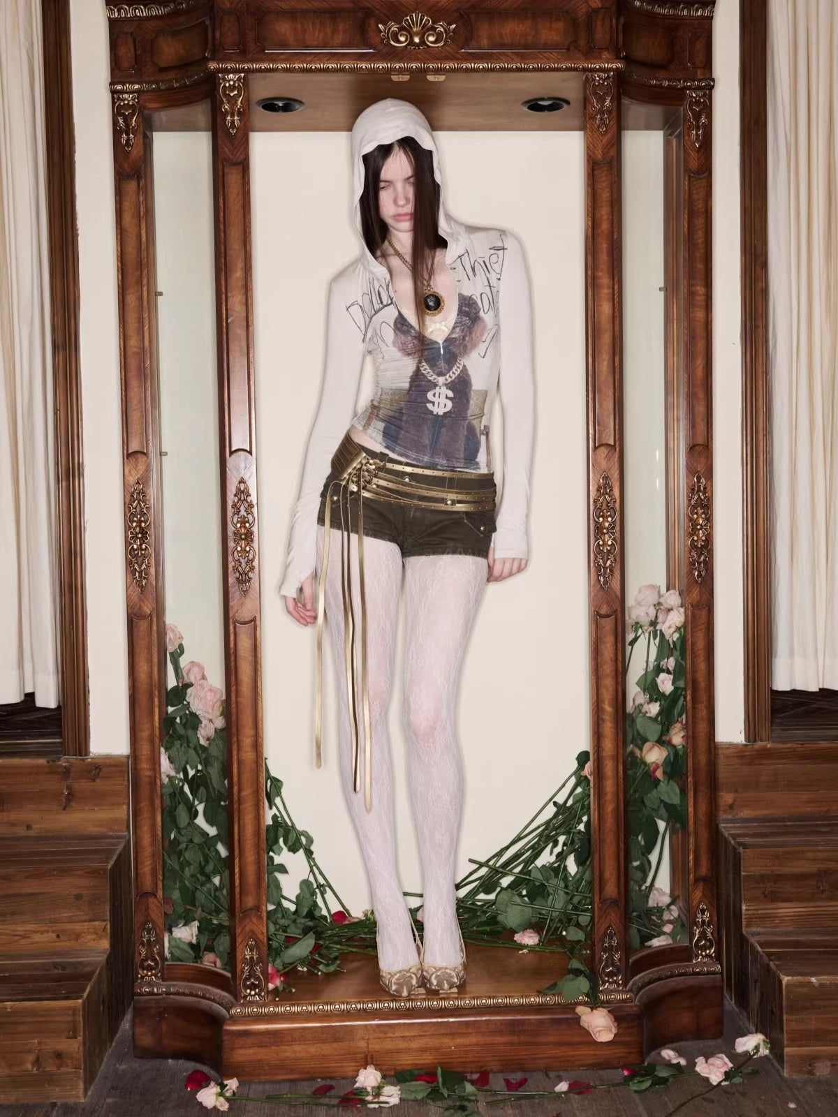 Zip-Up Hooded Long-Sleeve Fitted T-Shirt