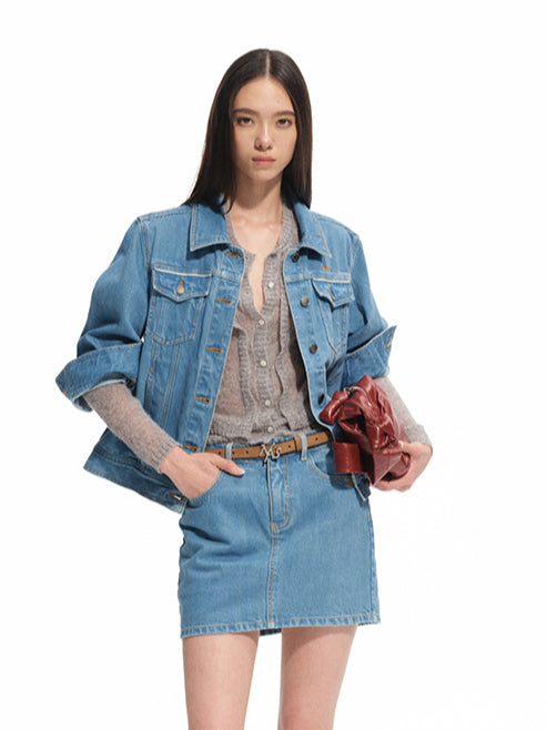 Modern Denim Regular-shoulder Structured Cropped Jacket - CHINASQUAD