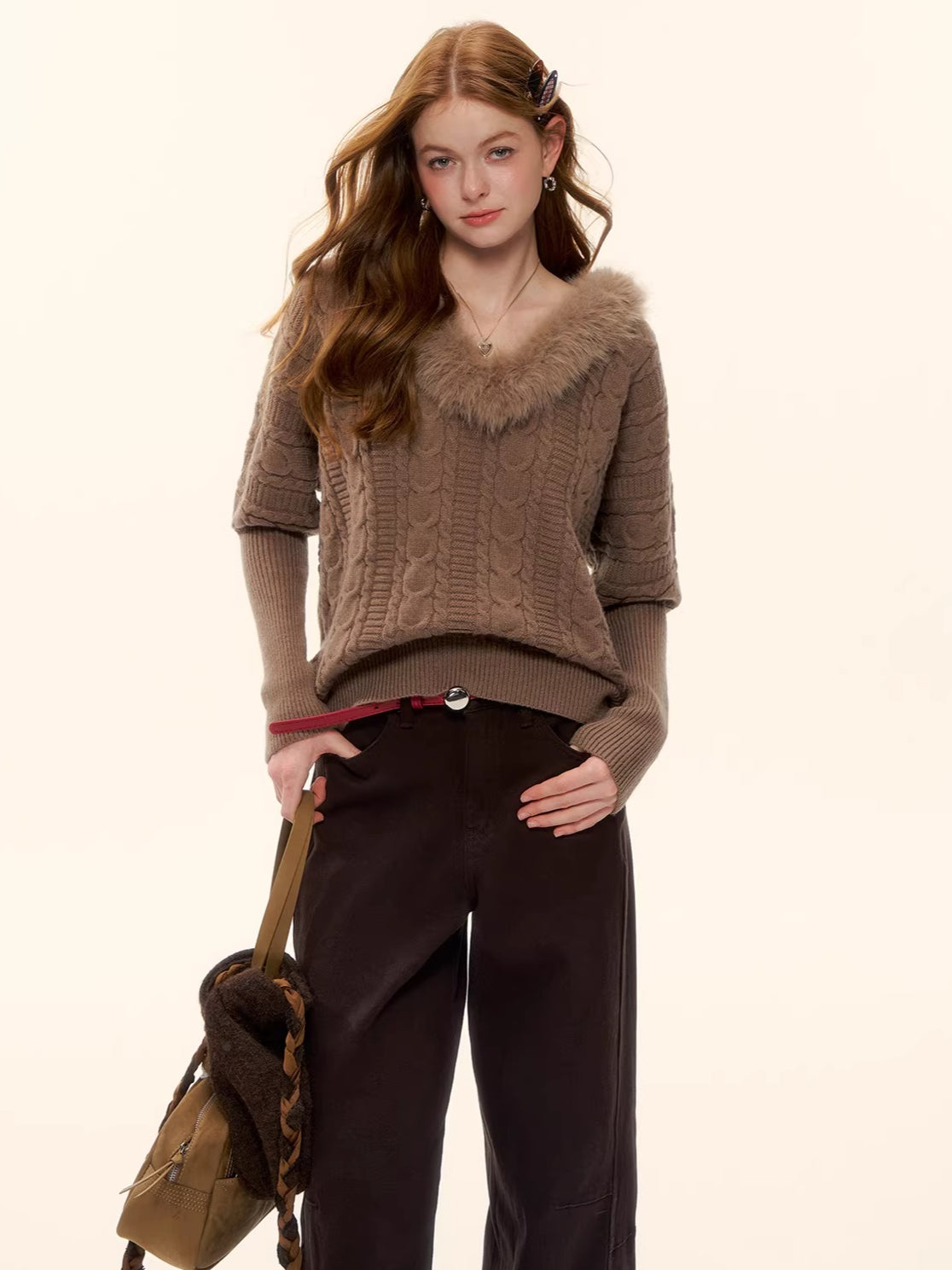 Cable-Knit V-Neck Waist-Shaping Sweater