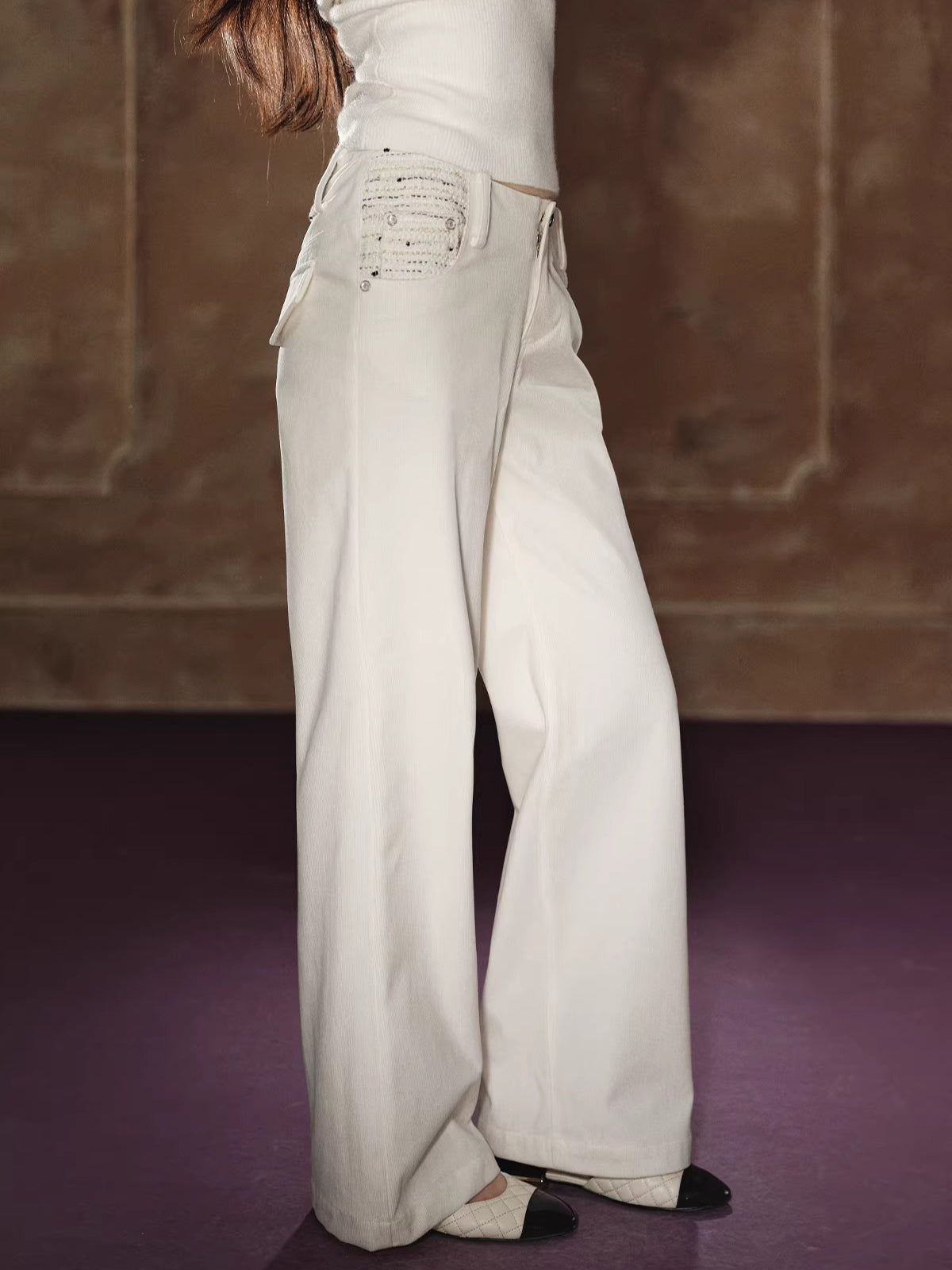 Stud-Detail Straight-Leg Flared Wide Pants