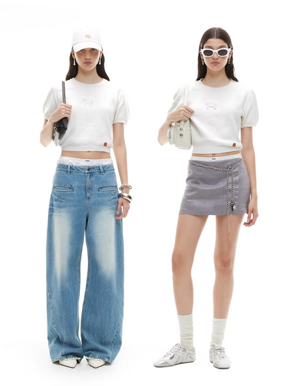 Embossed Logo Cropped Knit Tee