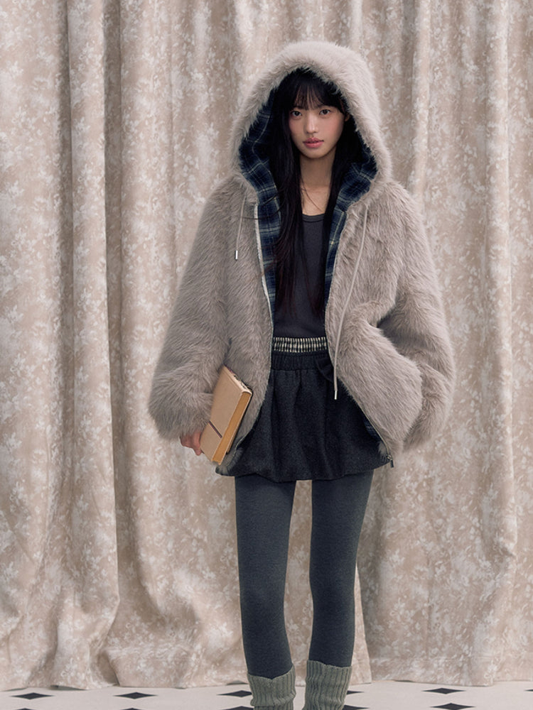 Plaid Spliced Eco-friendly Faux Fur Coat