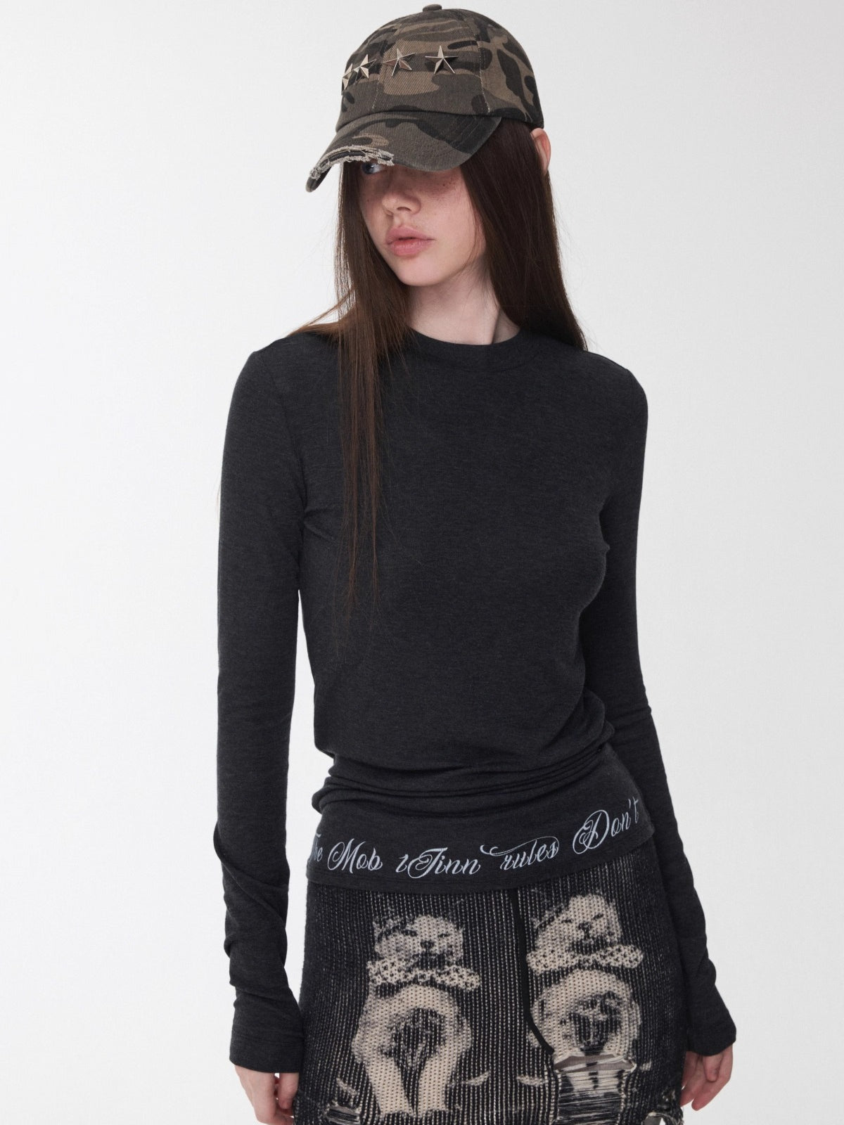 Basic Round-Neck Letter Print Semi-Sheer T-Shirt