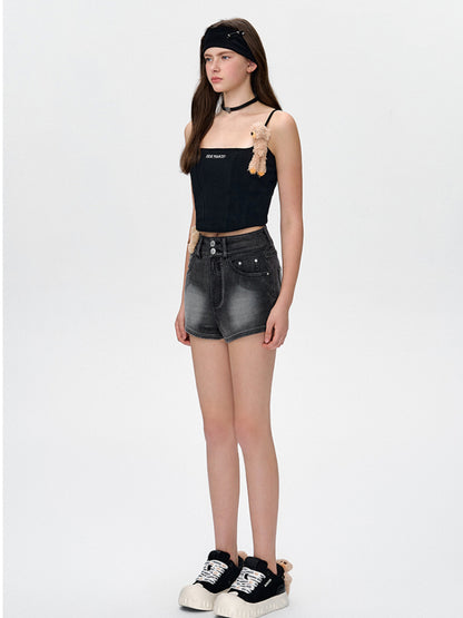 Fuzzy Bear High-Waist Denim Shorts