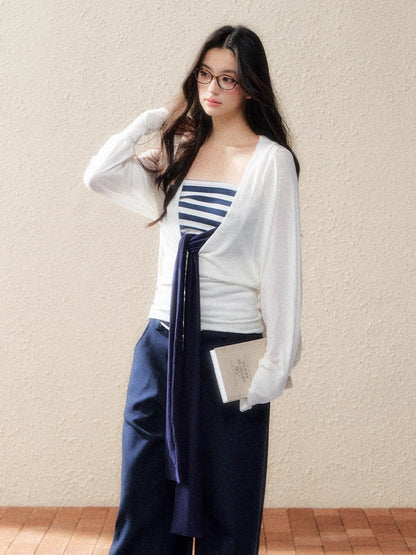 Striped Corset Tube Top &amp; Sheer Pullpver Set - CHINASQUAD
