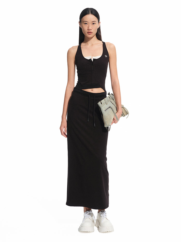 Contrast Color Fake Two-piece Waist Hollow Dress - CHINASQUAD