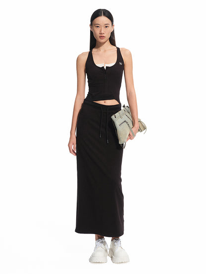 Contrast Color Fake Two-piece Waist Hollow Dress - CHINASQUAD