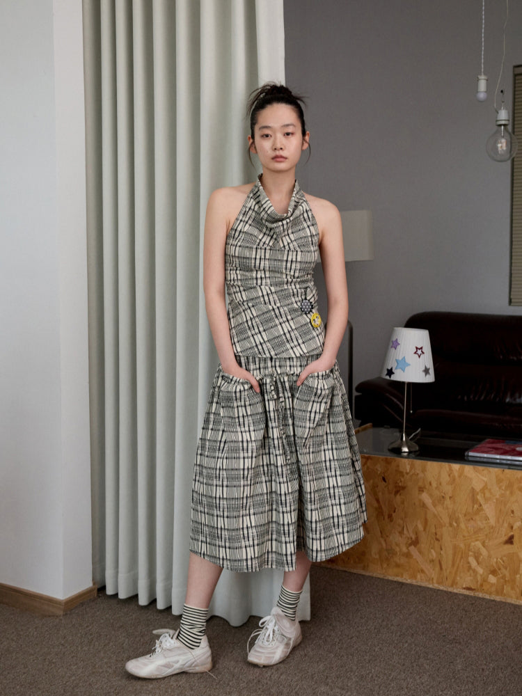 Plaid Halter Neck Backless Tank Top &amp; Midi Skirt Set - CHINASQUAD