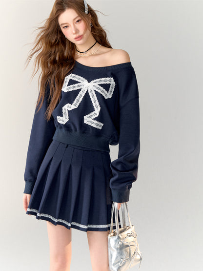 Lace Bow Off-shoulder Sweatshirt