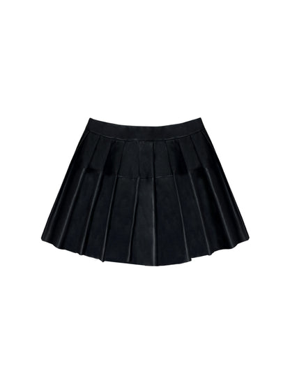 Black PU Split Pleated Leather Skirt