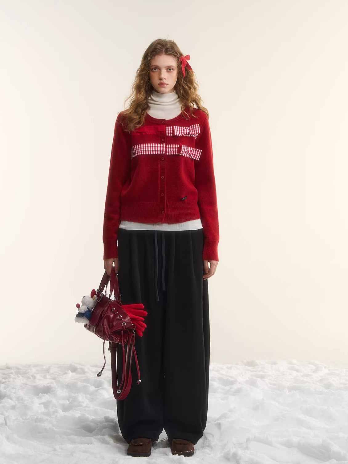 Vintage Checkered Patchwork Bow Knit Cardigan