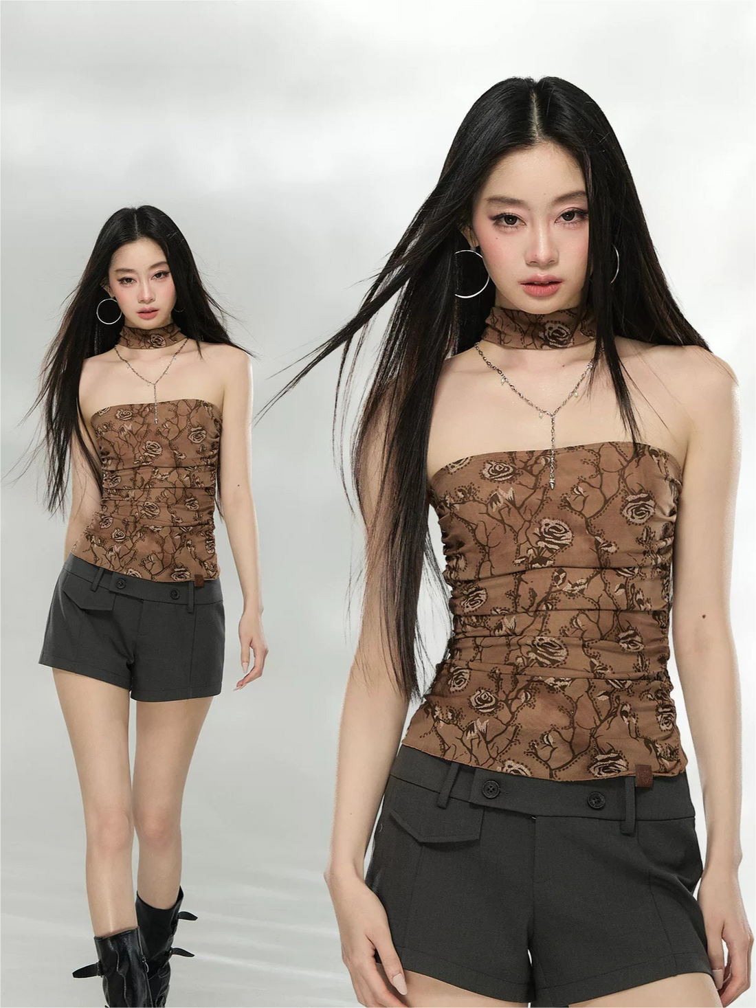 Floral Mesh Choker-Neck Strapless Top