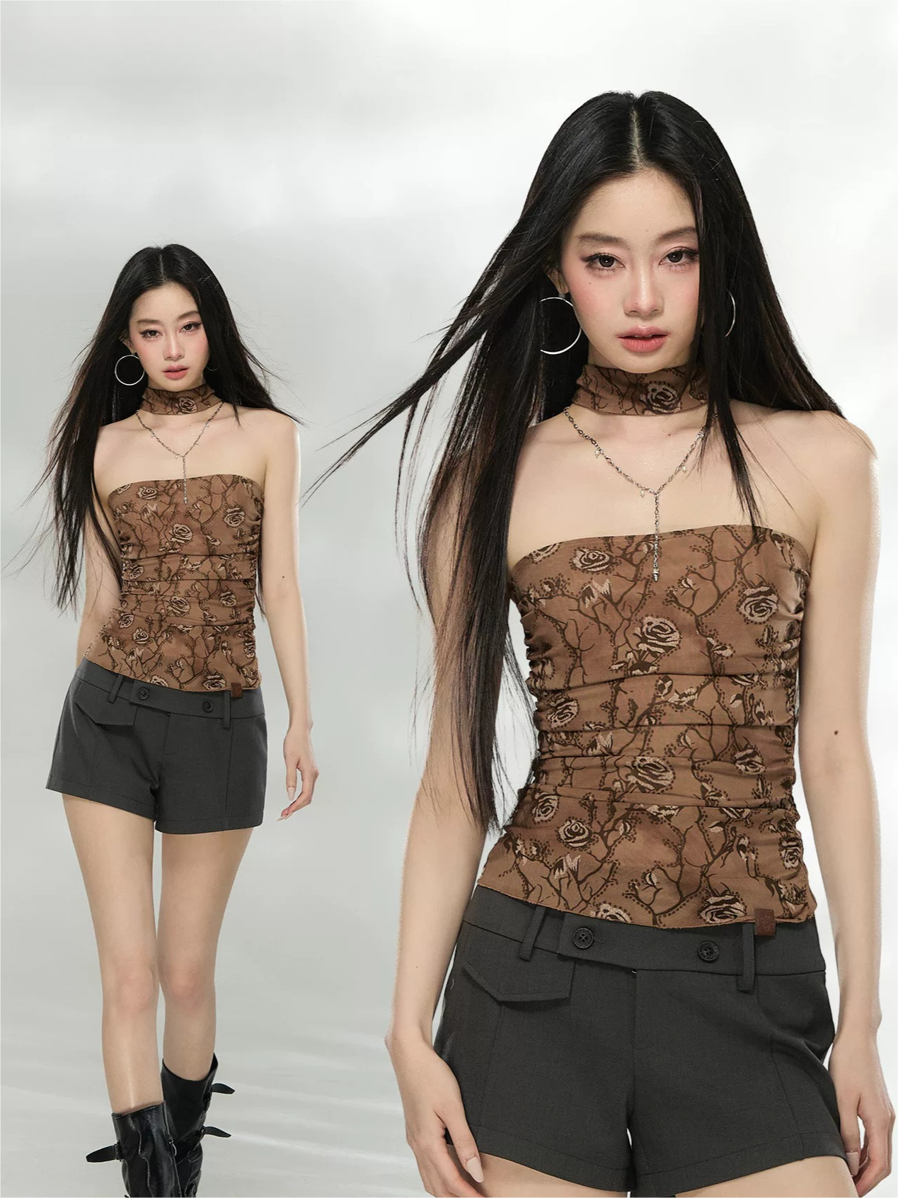 Floral Mesh Choker-Neck Strapless Top