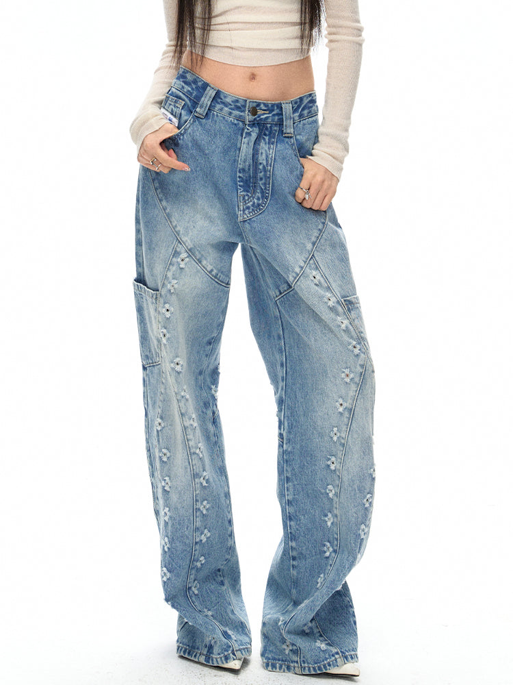 Distressed Wash Straight Jeans