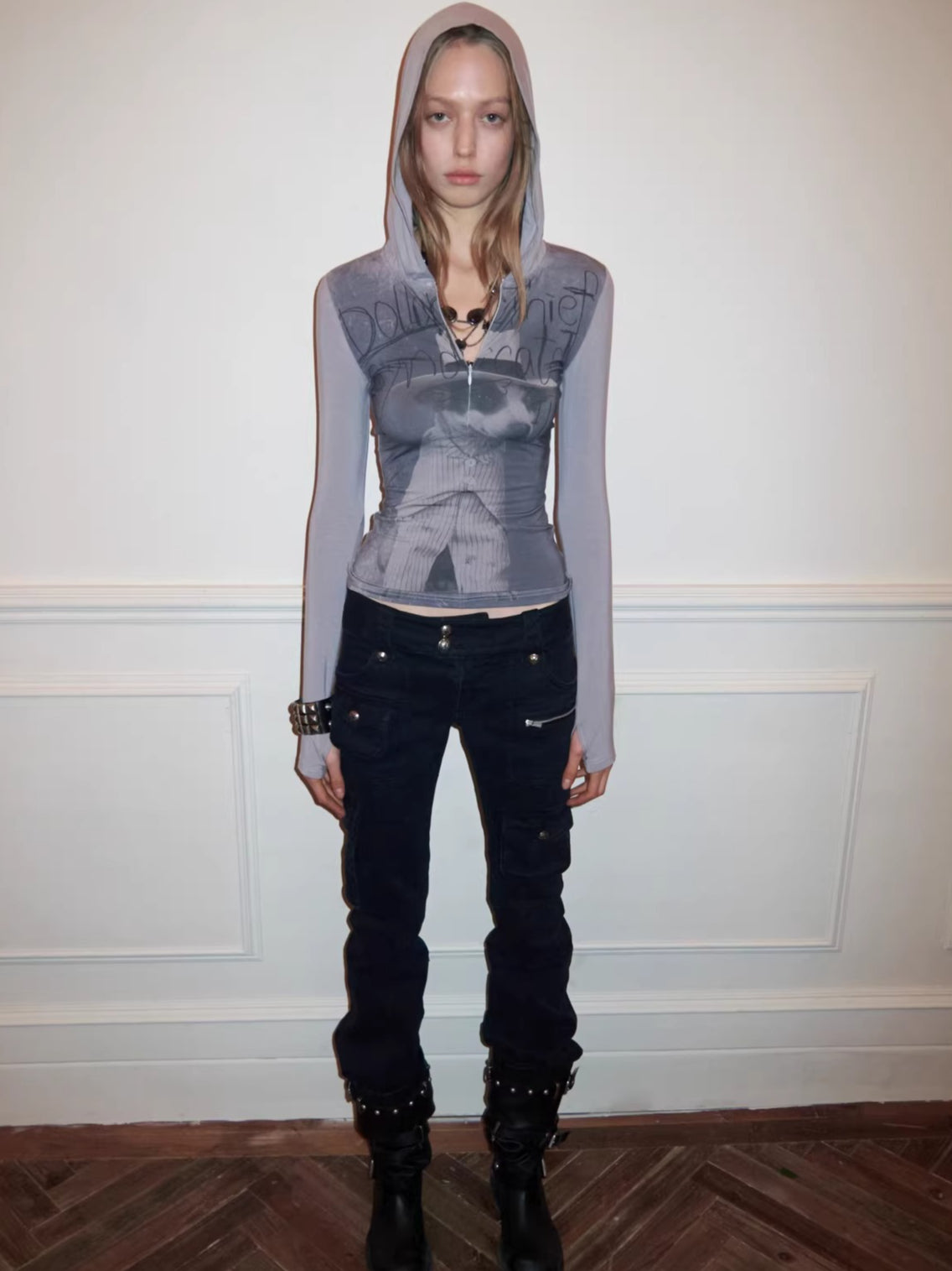 Zip-Up Hooded Long-Sleeve Fitted T-Shirt