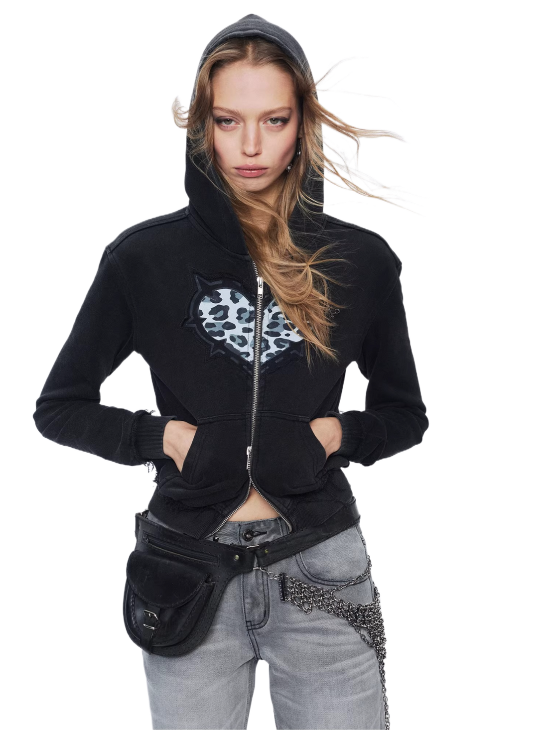 Love Leopard Print Embroidered Zip Hoodie
