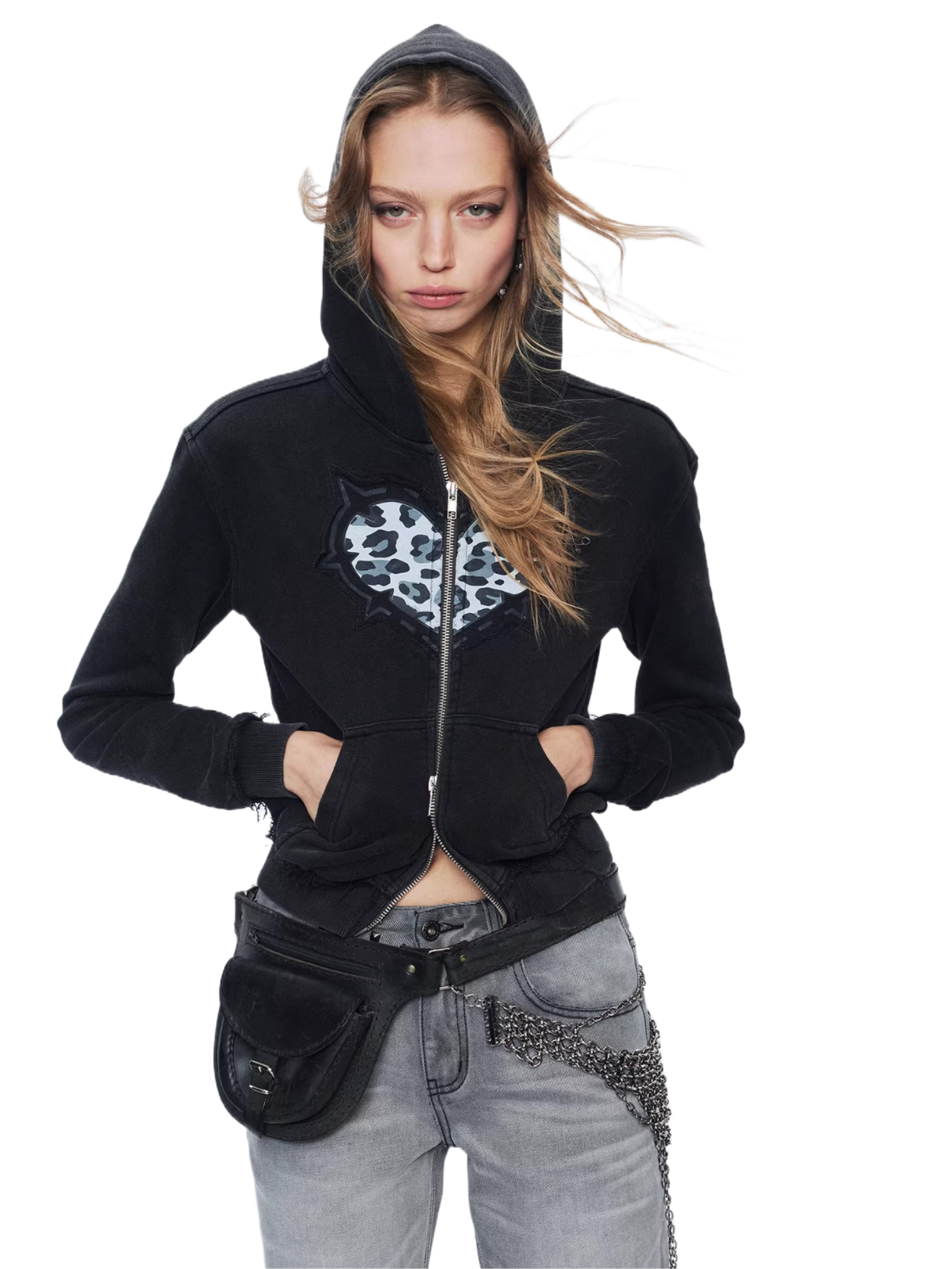 Love Leopard Print Embroidered Zip Hoodie