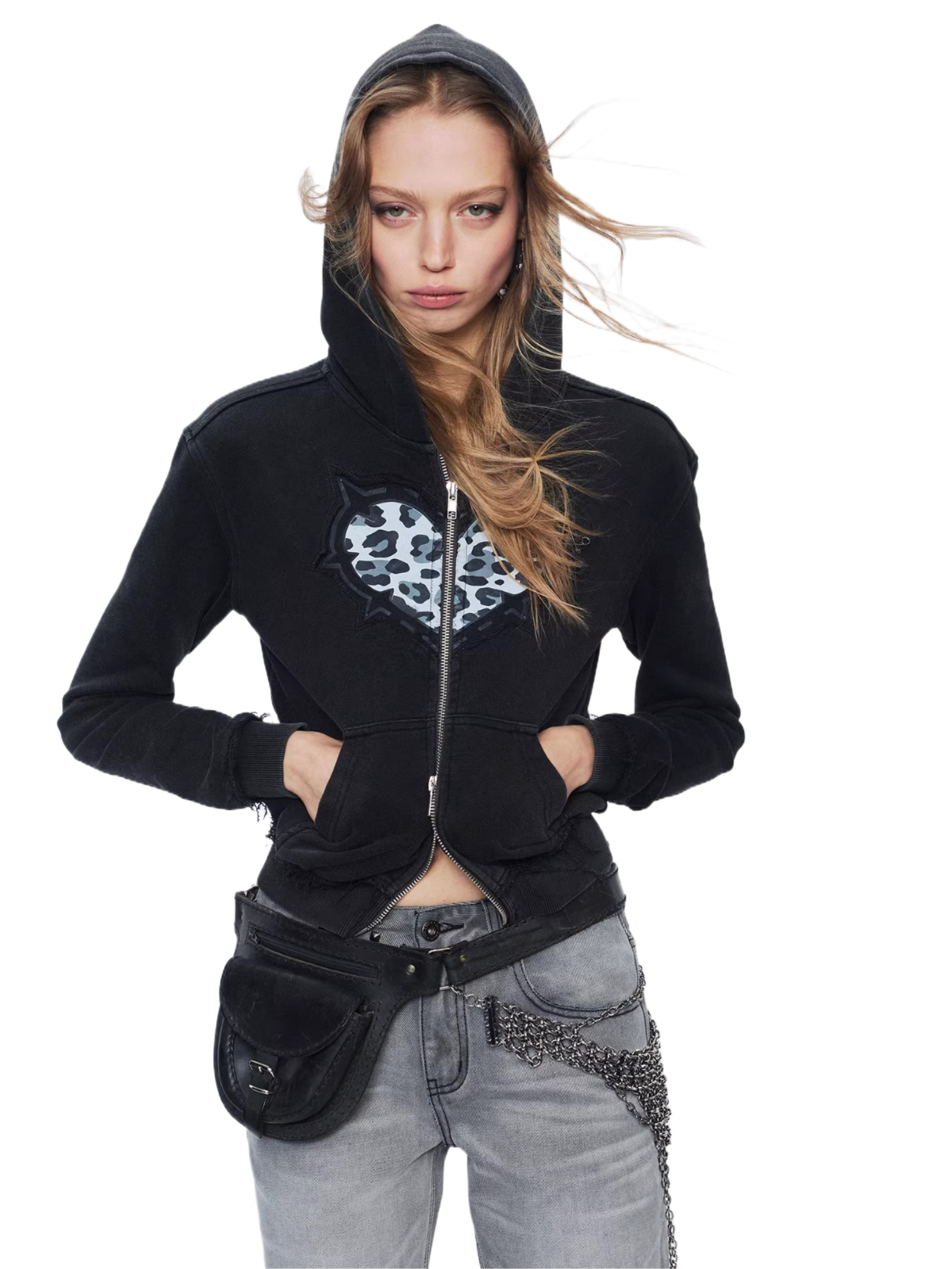 Love Leopard Print Embroidered Zip Hoodie