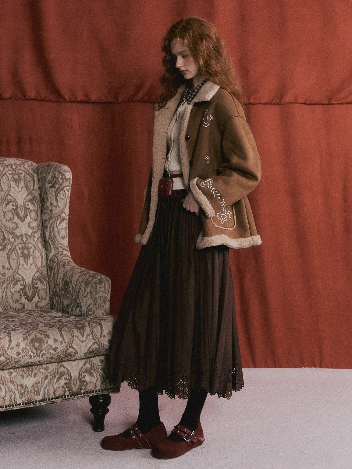 Heavy Embroidered Faux Shearling Suede Jacket