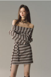 Grey & Khaki Striped Knit Mini Dress - CHINASQUAD