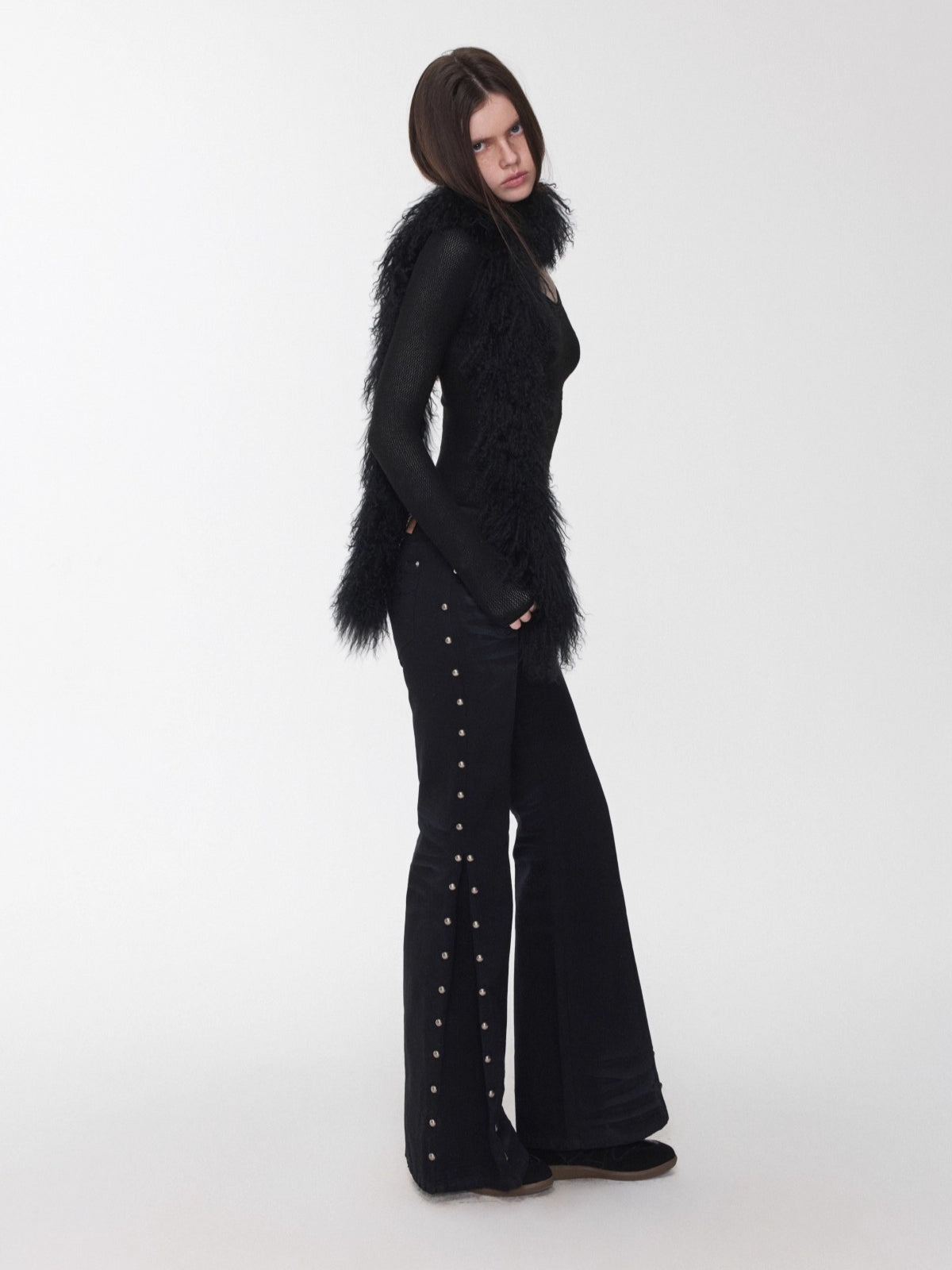 Studded Cat-Whisker Flared Denim Pants