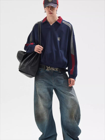 Contrast Panel Embroidered Polo Sweatshirt
