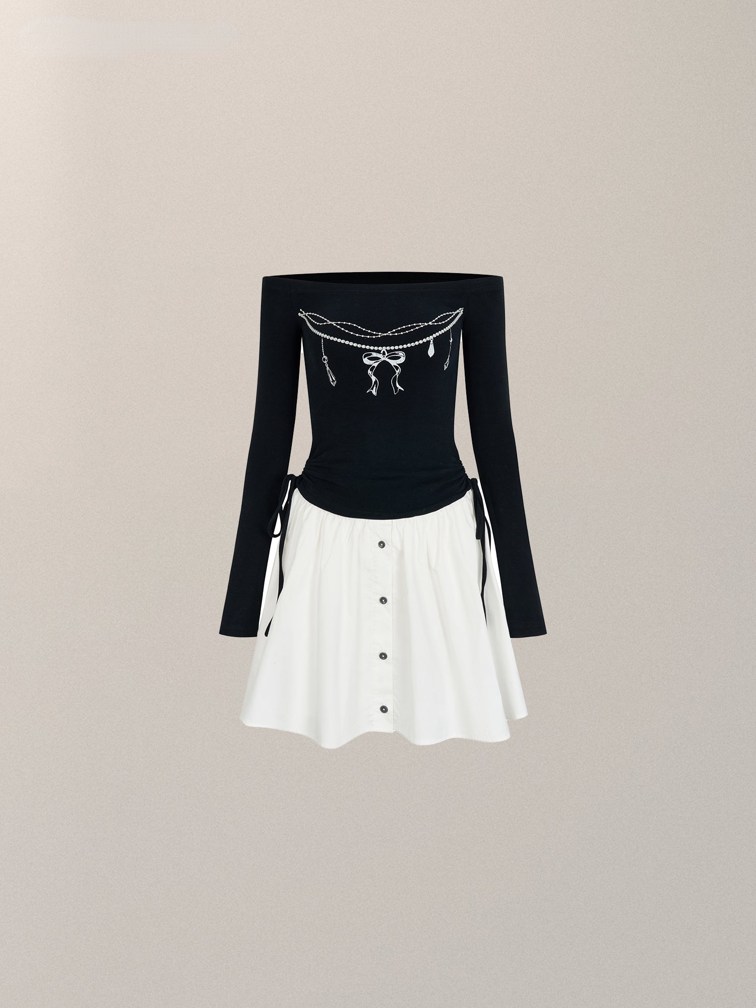 Black  One-Shoulder Pearl Chain Printed Dress - CHINASQUAD
