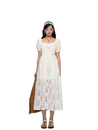 Puff-Sleeve Flower Hollowed Dress