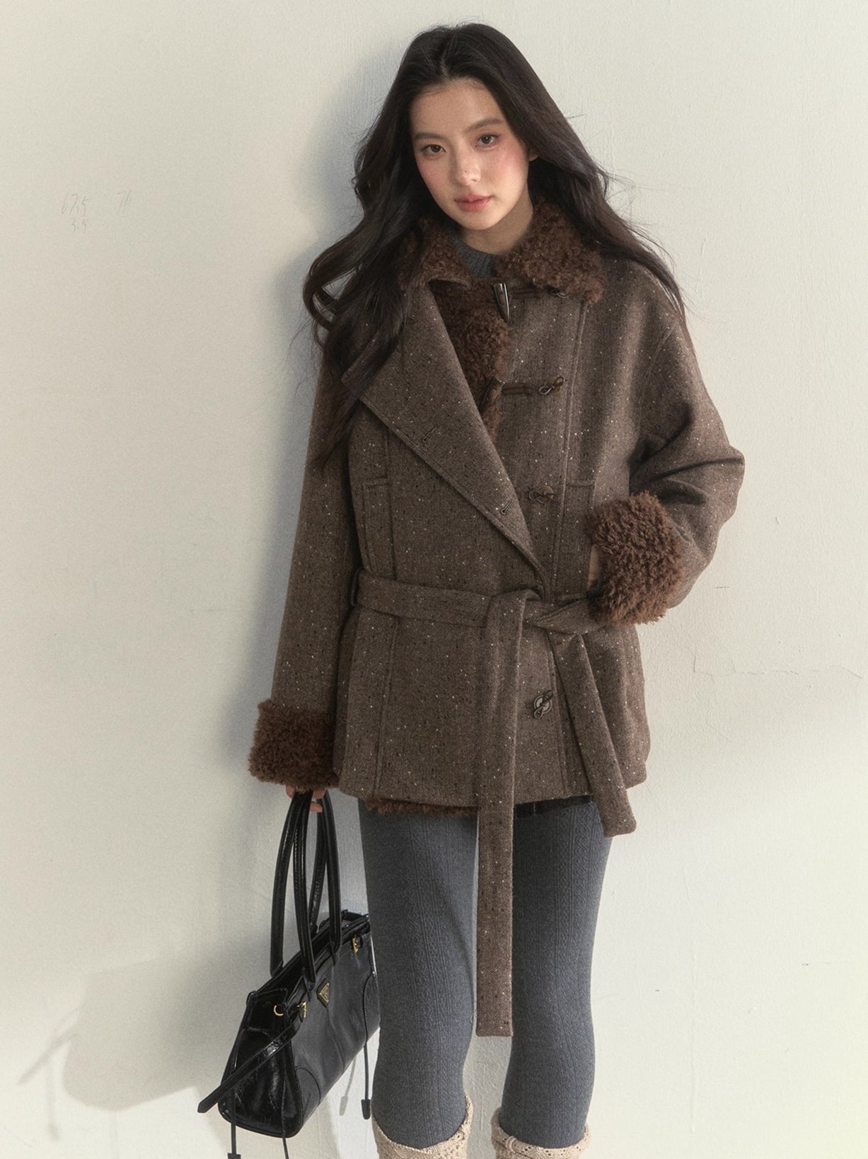 Deep Grey &amp; Brown Wool Blend Fleece-Collar Coat