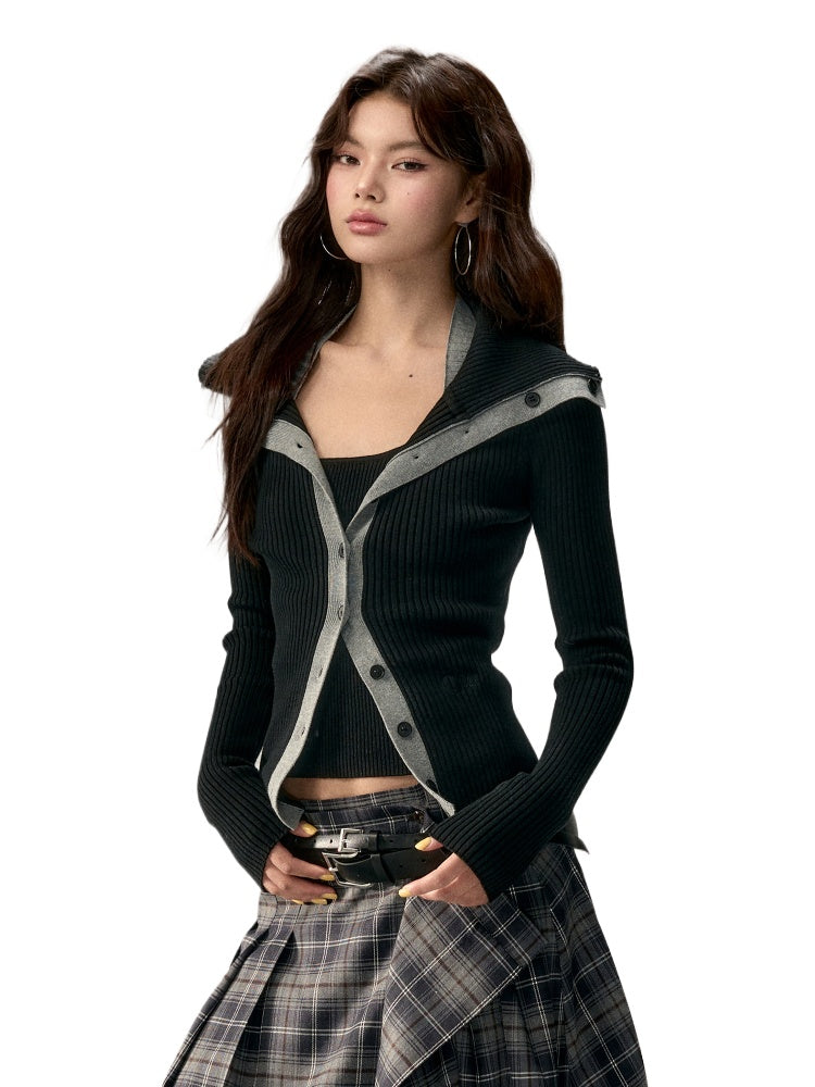 Color-Block Large-Collar Knitted Cardigan