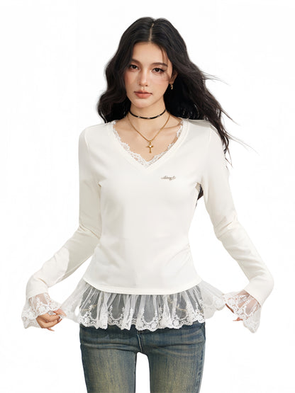 Lace Panel V-Neck Slim-Fit Long Sleeve T-Shirt