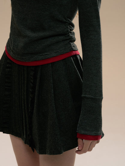 Wool-Blend Wooden Ear Detail Pleated Skirt