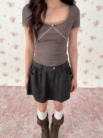 Vintage Lace Square-Neck Fitted T-Shirt