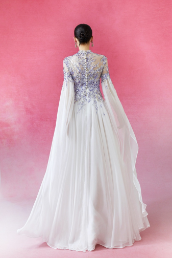 Lavender Crystal Embroidered Illusion Sleeve Gown