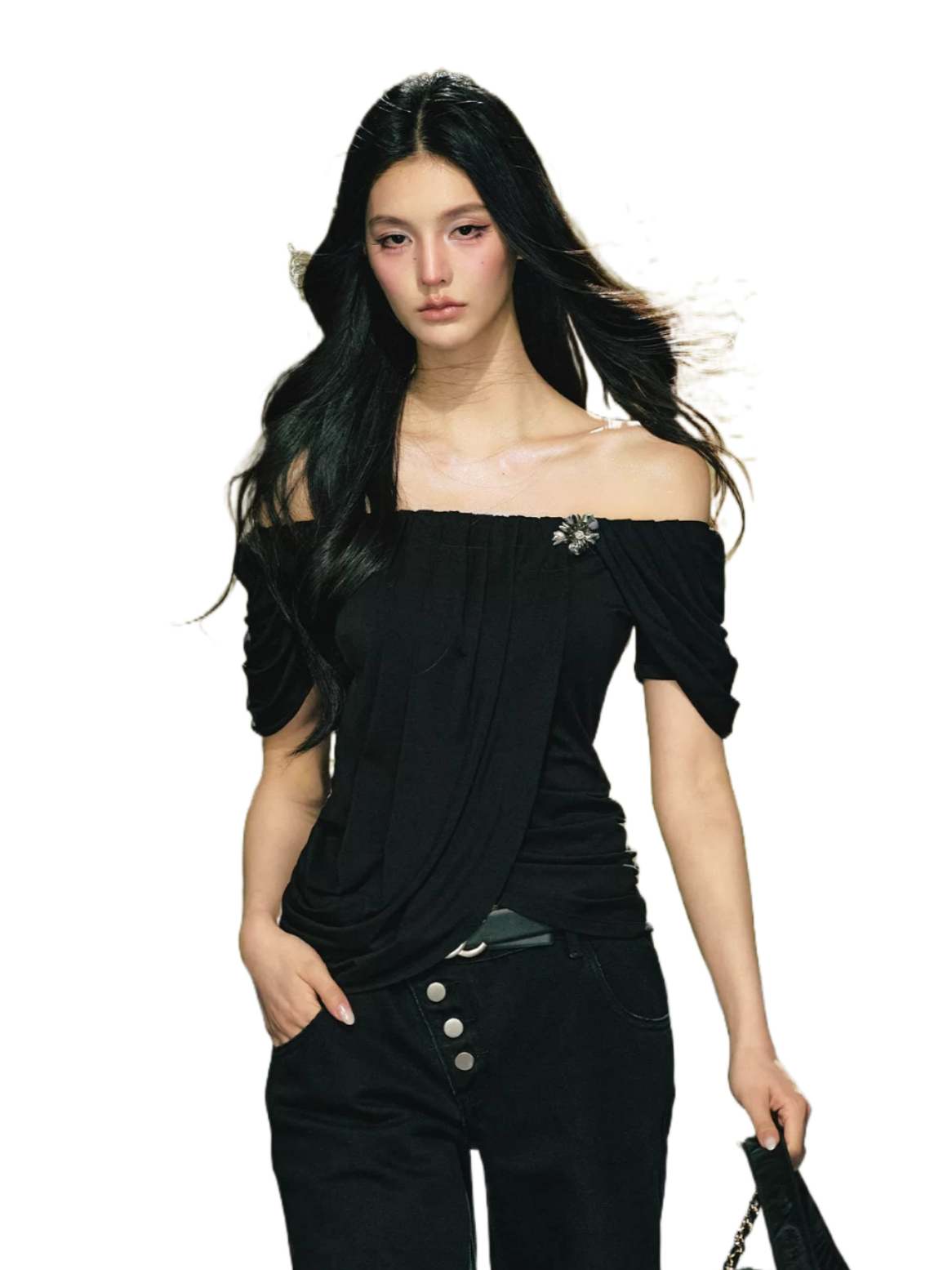 Off-Shoulder Draped Pleated Lyocell Top