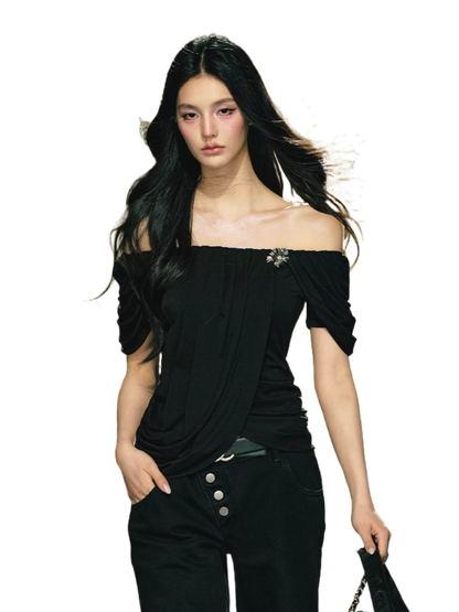 Off-Shoulder Draped Pleated Lyocell Top