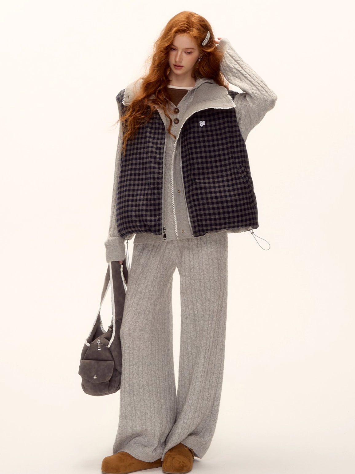 Reversible Plaid Lace-Trim Padded Vest