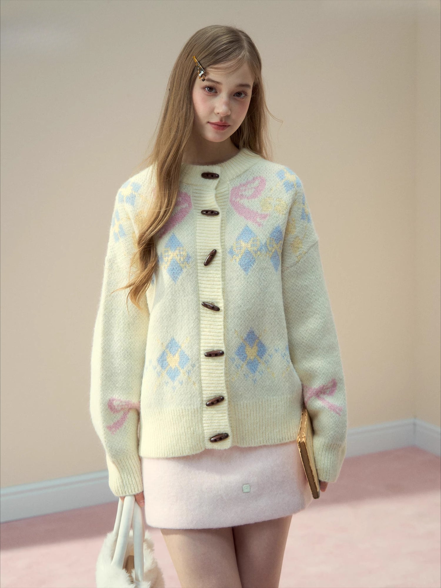 Bow-Knot Fair Isle Toggle Knit Cardigan