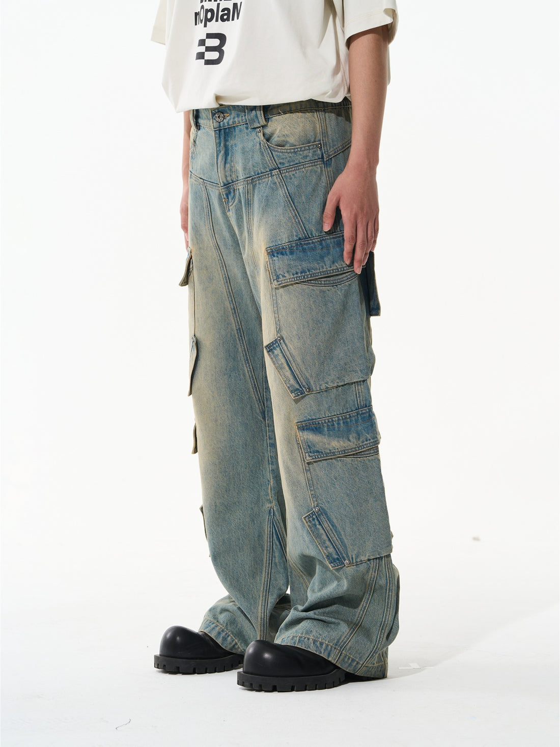 Washed Pocket-Panel Straight-Leg Denim Cargo Pants