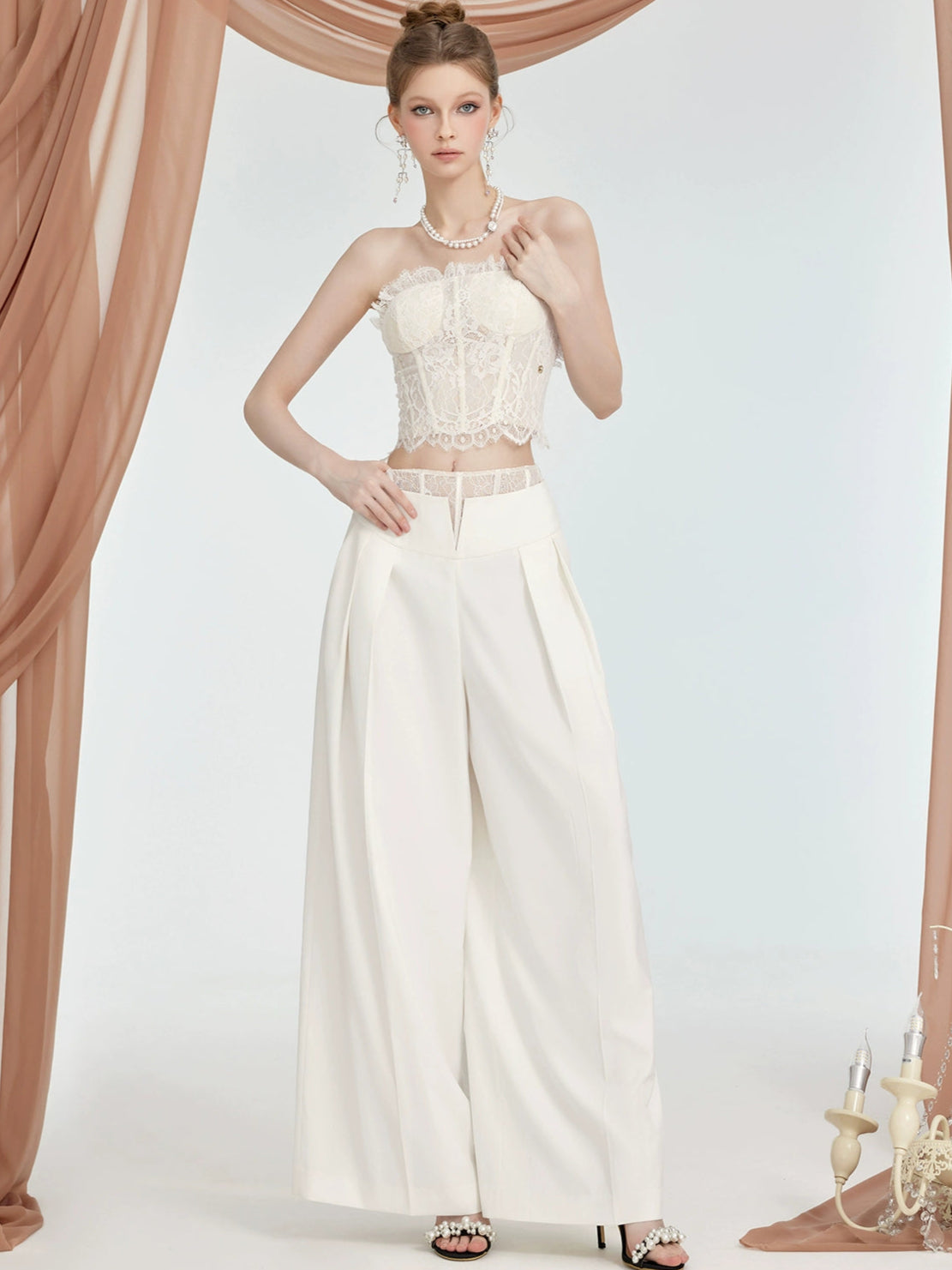 Lace-Trimmed Waist Wide-Leg Trousers